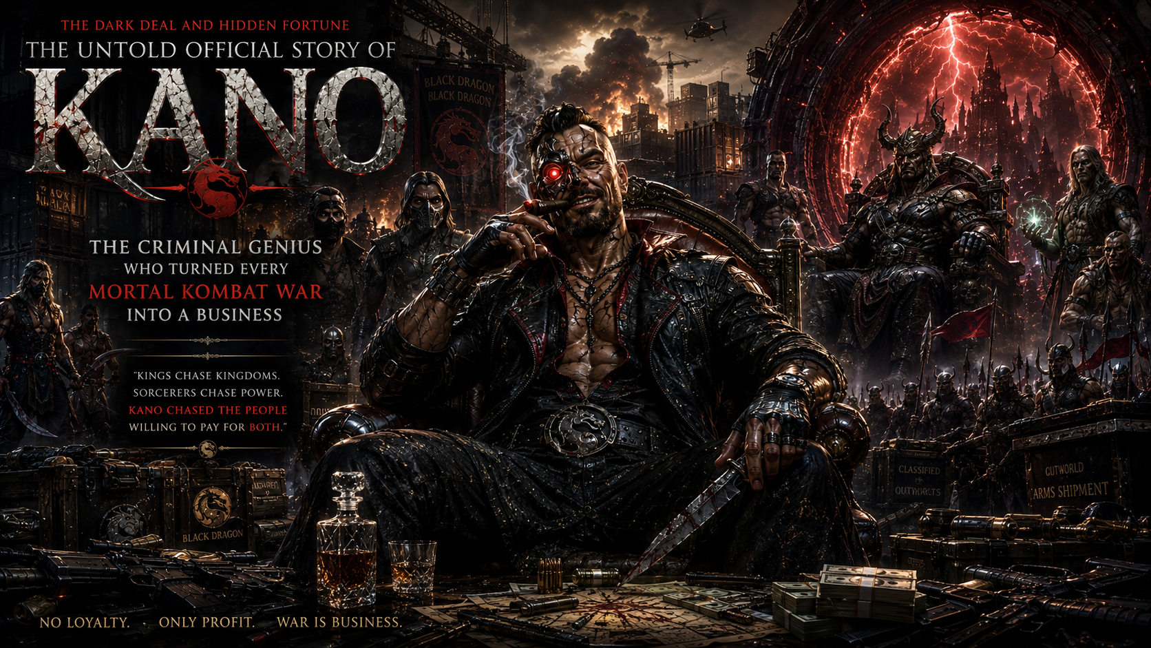 Discover the untold official story of Kano, the Black Dragon mastermind who transformed every Mortal Kombat war into the ultimate business opportunity.