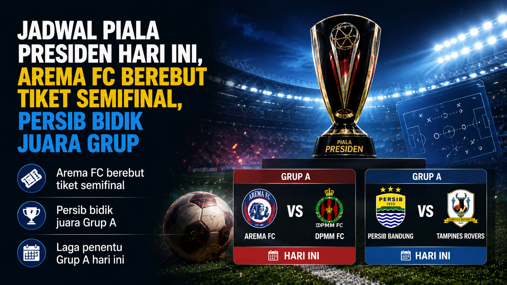 Jadwal Piala Presiden Hari Ini, Arema FC Berebut Tiket Semifinal, Persib Bidik Juara Grup