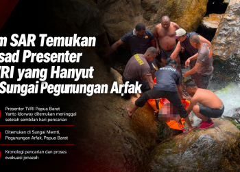 Presenter TVRI Papua Barat Yanto Idorway ditemukan meninggal dunia setelah sembilan hari pencarian di Sungai Memti, Pegunungan Arfak. Simak kronologi lengkapnya.