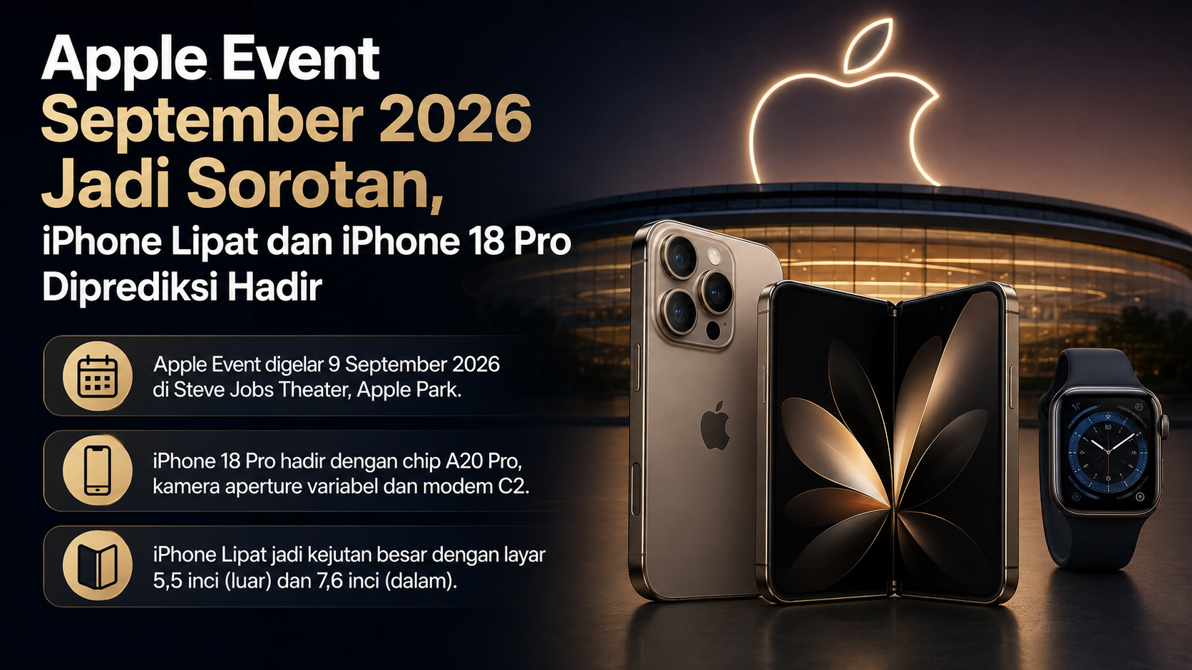 Apple akan menggelar Apple Event pada 9 September 2026. iPhone 18 Pro, iPhone lipat, Apple Watch hingga iPad mini diprediksi hadir dalam acara tersebut.