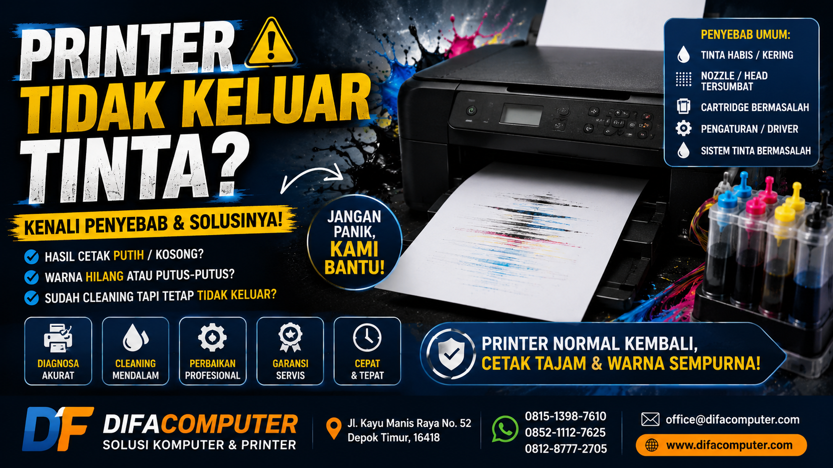 difacom servis printer depok Printer tidak keluar tinta? Kenali penyebab dan solusi printer tidak mencetak, mulai dari tinta, cartridge, print head, hingga perawatan.