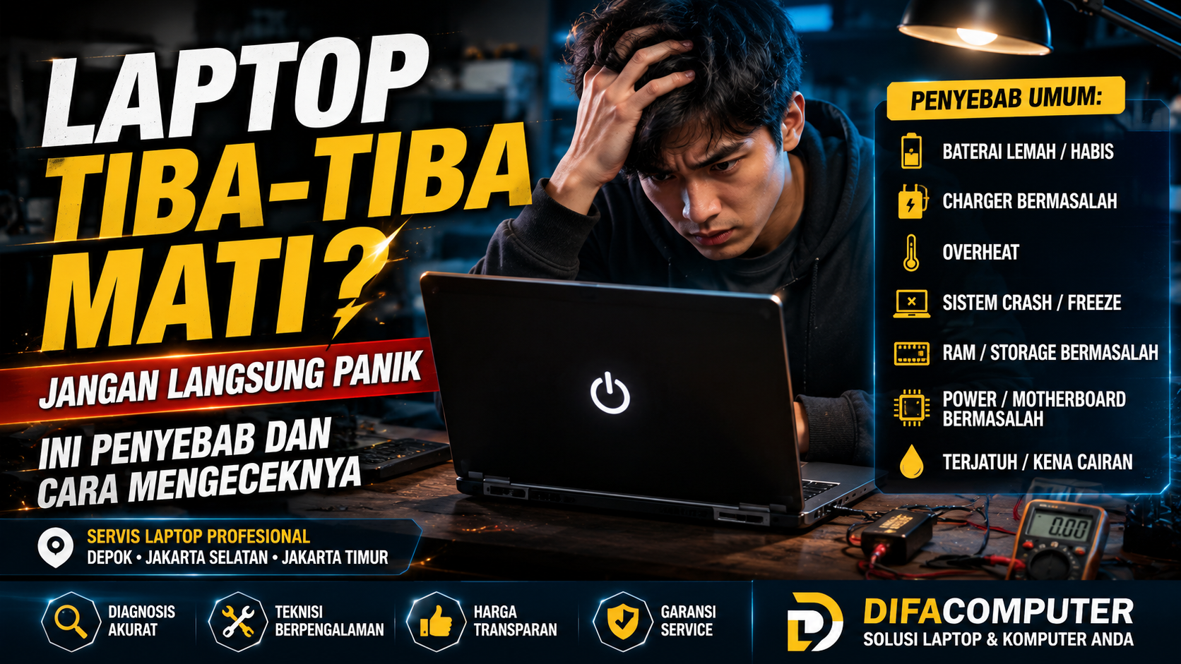 Laptop tiba-tiba mati? Kenali penyebab laptop mati mendadak, mulai dari baterai, charger, overheat, hingga masalah hardware dan cara mengatasinya.