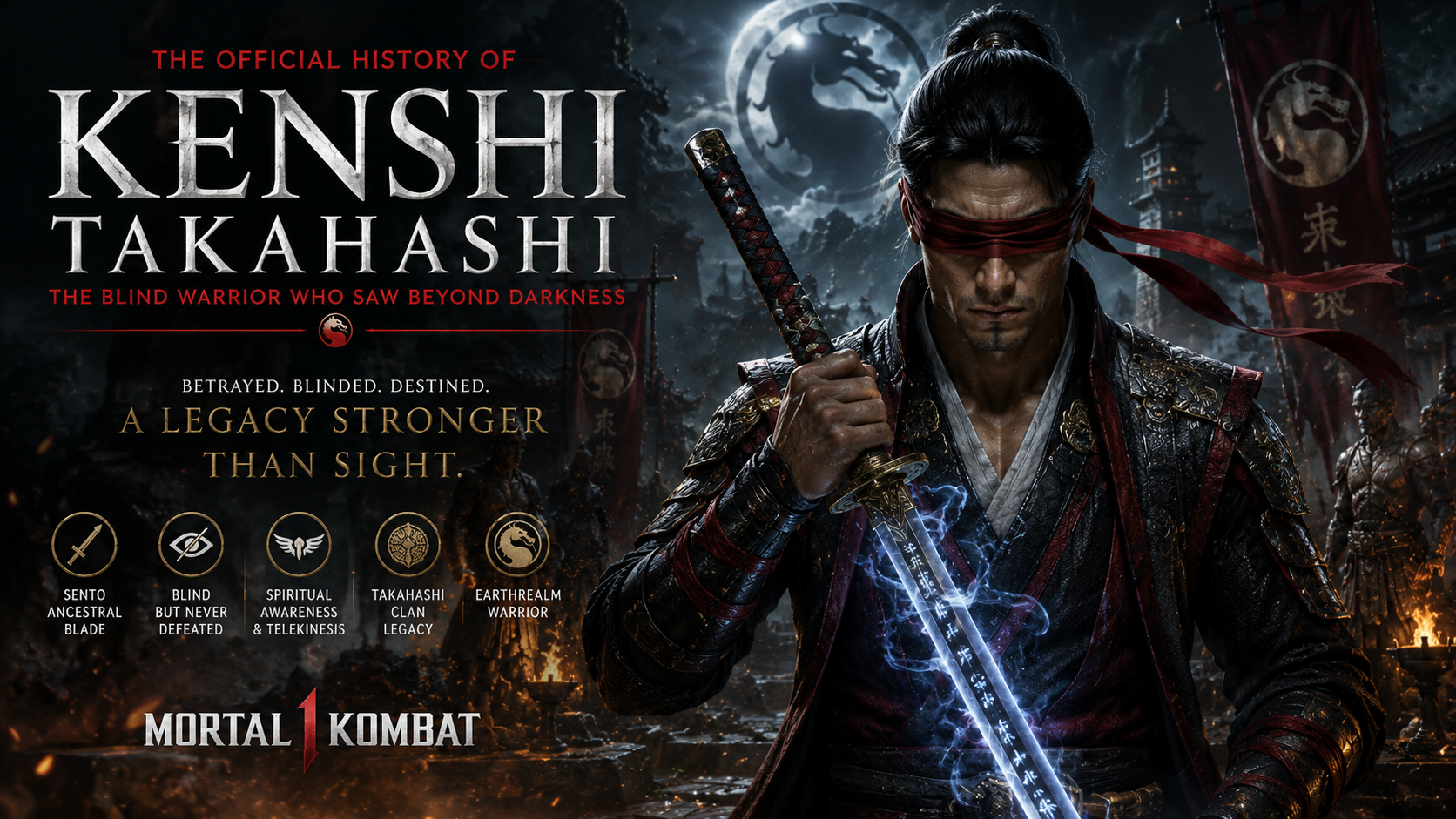 Discover the official history of Kenshi Takahashi in Mortal Kombat, from his search for Sento to becoming Earthrealm's legendary blind swordsman.