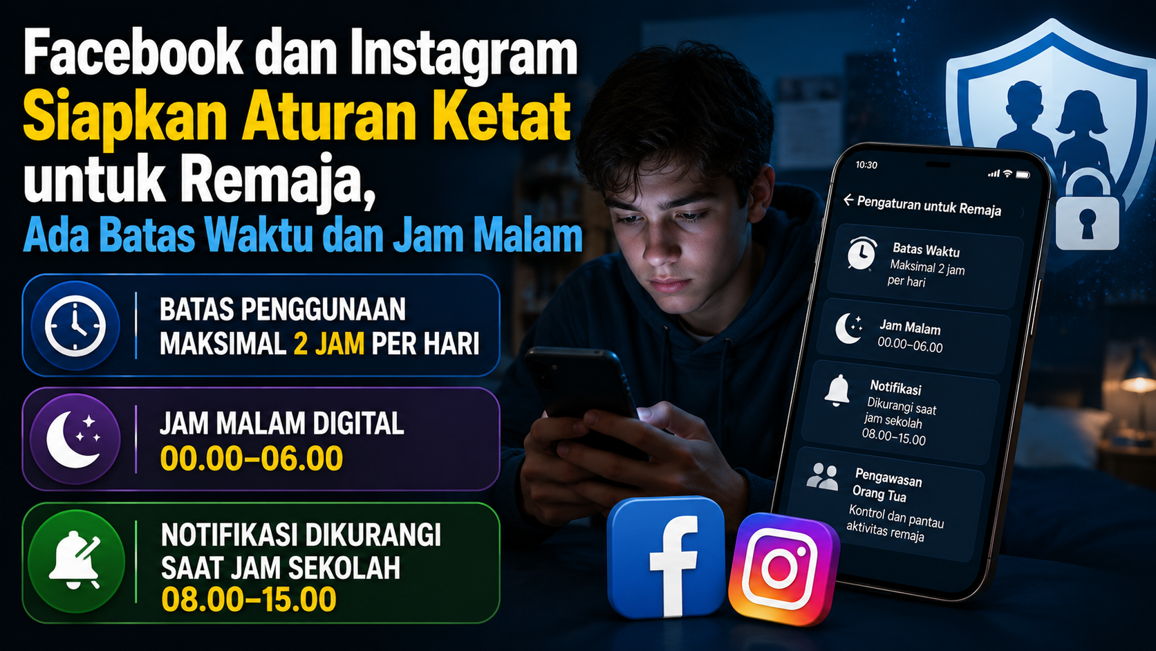 Facebook dan Instagram akan menerapkan batas penggunaan, jam malam, pembatasan notifikasi dan kontrol orang tua bagi pengguna di bawah 18 tahun.