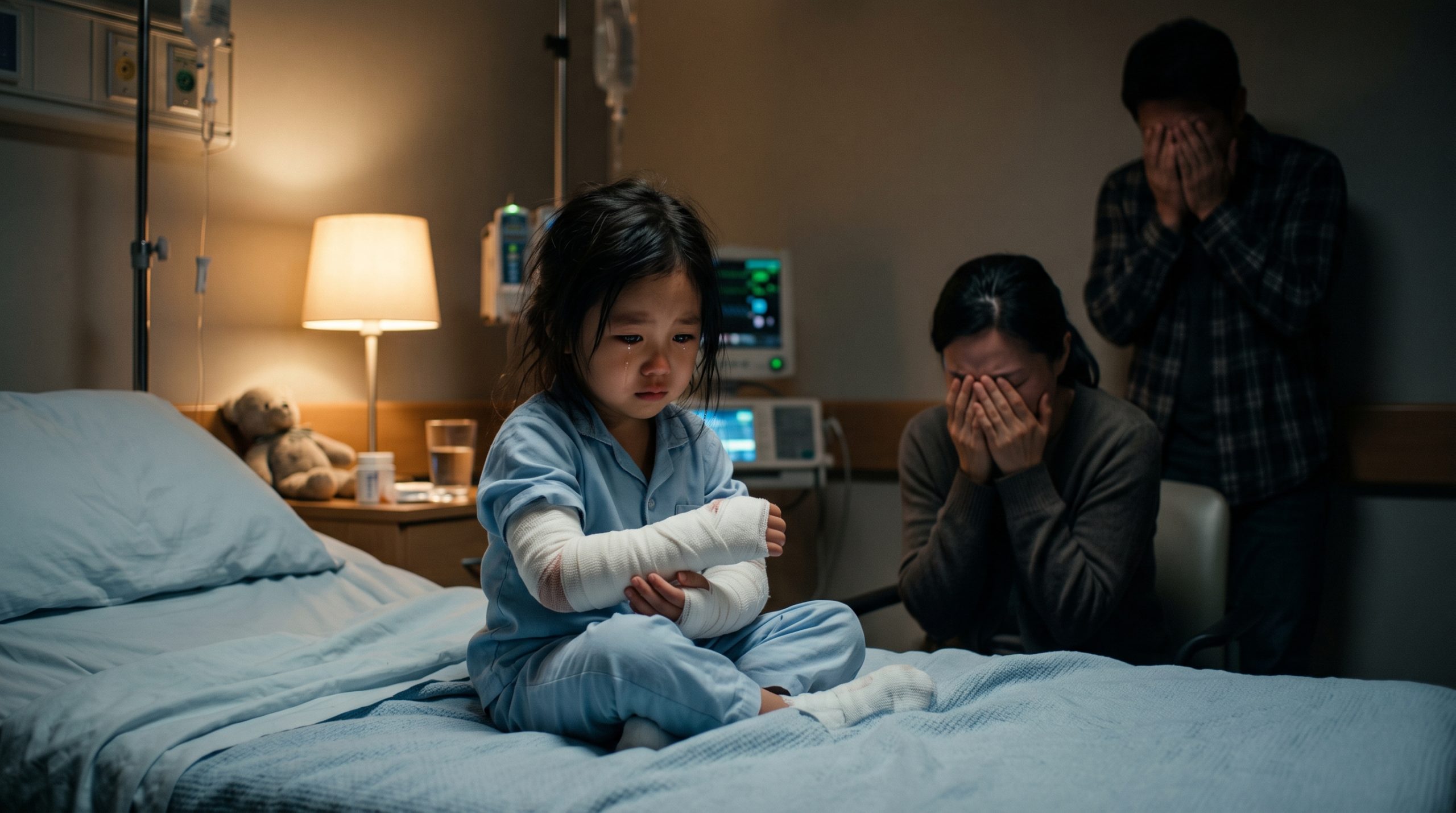 Girl_looking_at_bandaged_arms_202608071421 kisah haru penyesalan orang tua