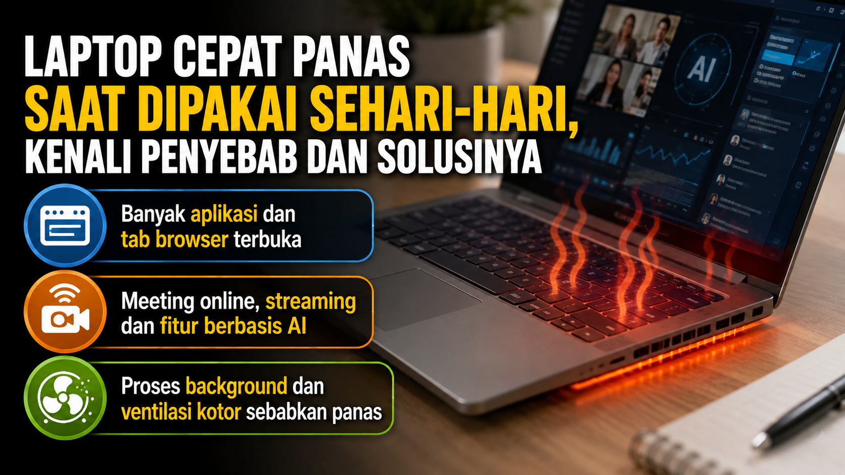 Laptop cepat panas meski tidak dipakai gaming? Banyak tab, meeting online, proses background, fitur AI hingga ventilasi kotor bisa menjadi penyebabnya.