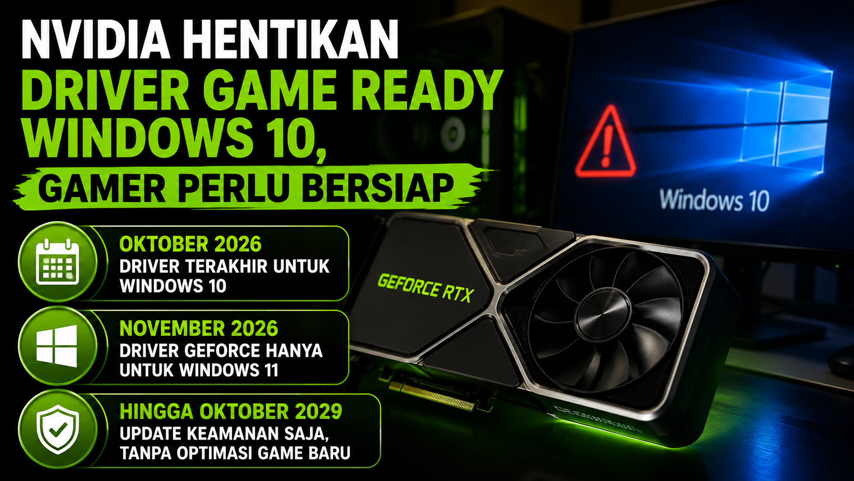 Nvidia akan menghentikan dukungan driver GeForce Game Ready untuk Windows 10 mulai November 2026. Simak jadwal dan dampaknya bagi gamer.