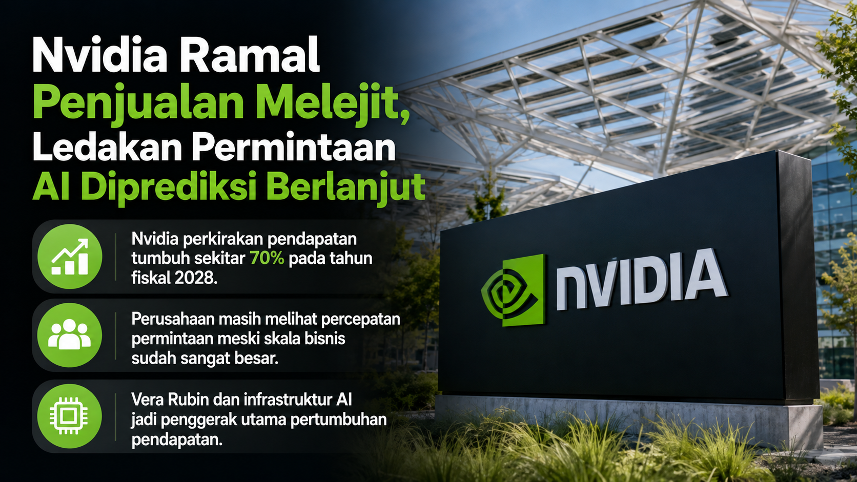 Nvidia memproyeksikan pertumbuhan pendapatan sekitar 70 persen pada tahun fiskal 2028. Permintaan cip AI disebut masih sangat kuat dan terus meningkat.