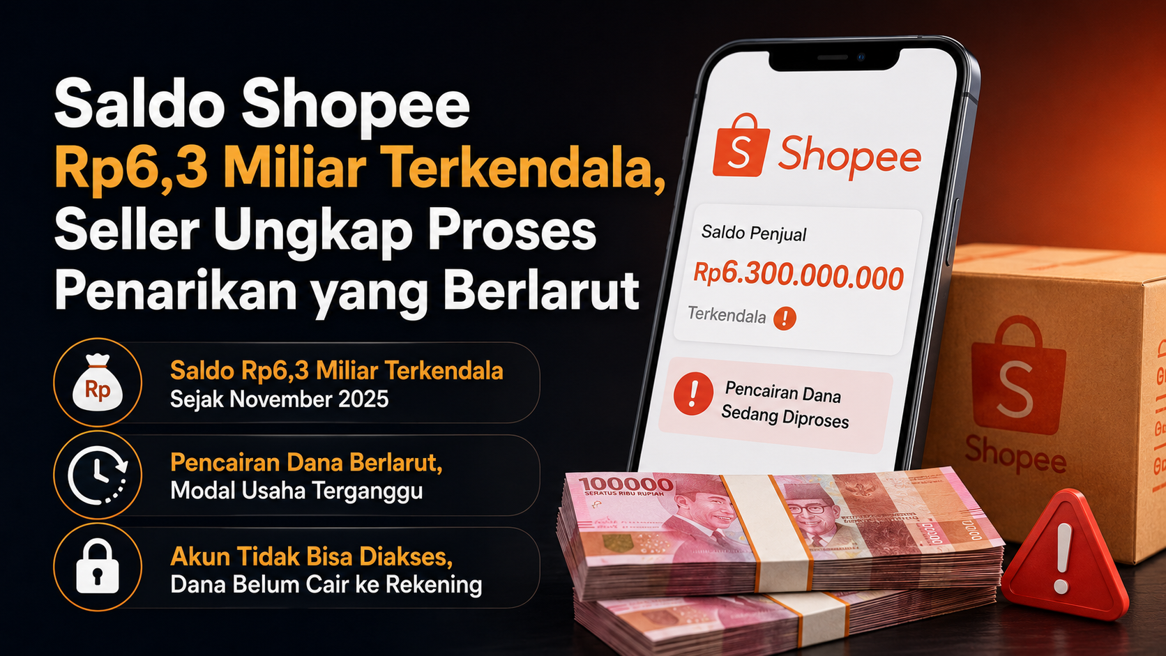 Seller Shopee Adi Sapto mengaku dana usaha Rp6,3 miliar sulit dicairkan sejak November 2025. Kini akun tokonya juga tidak bisa digunakan.