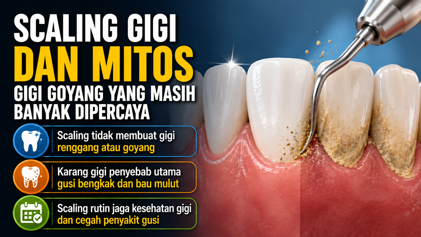 Scaling gigi kerap dianggap bikin gigi goyang dan renggang. Kenali fakta sebenarnya, manfaat scaling, efek setelah tindakan, dan risiko karang gigi.