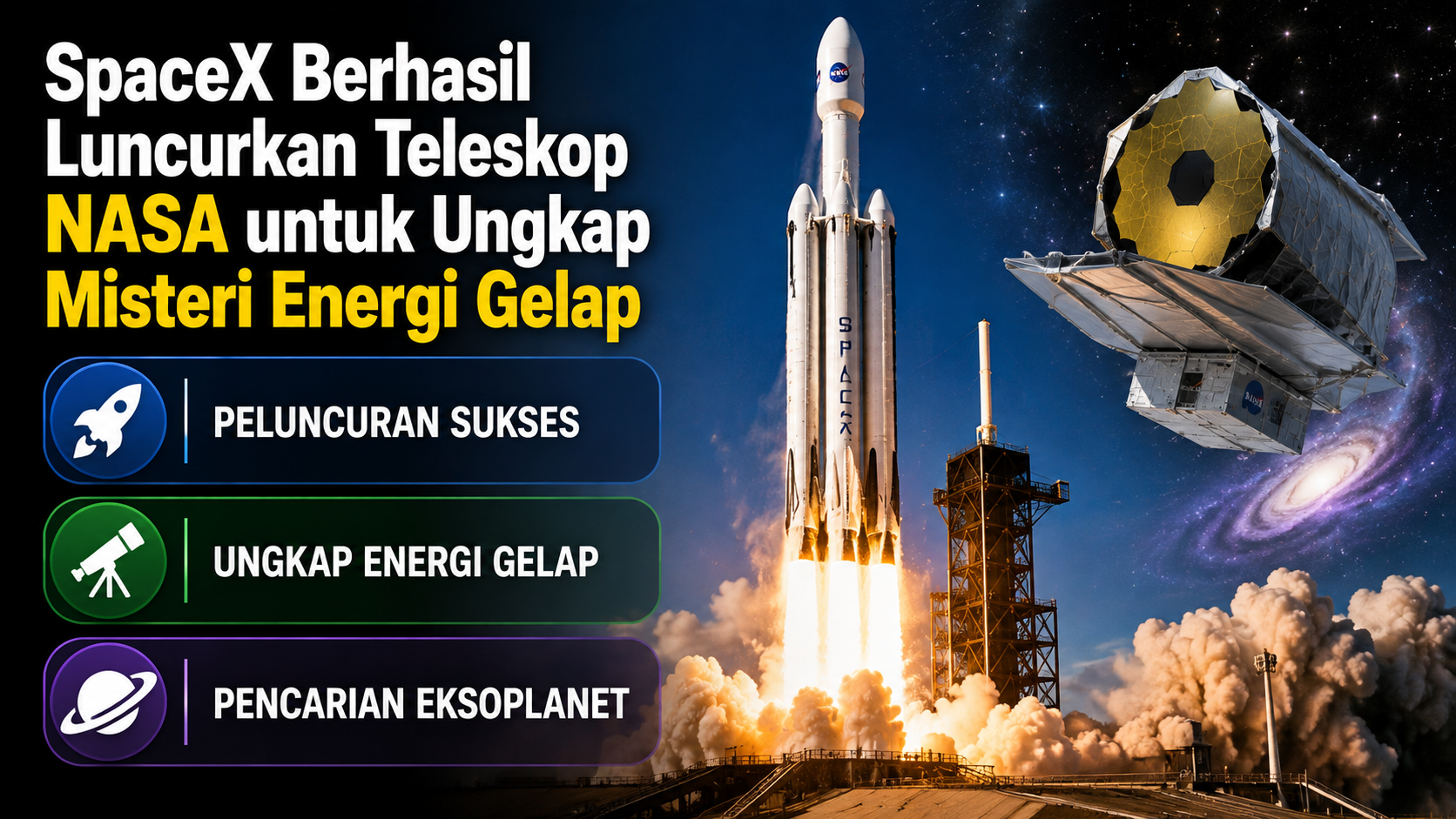 Teleskop Nancy Grace Roman milik NASA resmi meluncur bersama Falcon Heavy SpaceX. Misi ini akan meneliti energi gelap, materi gelap, dan eksoplanet.