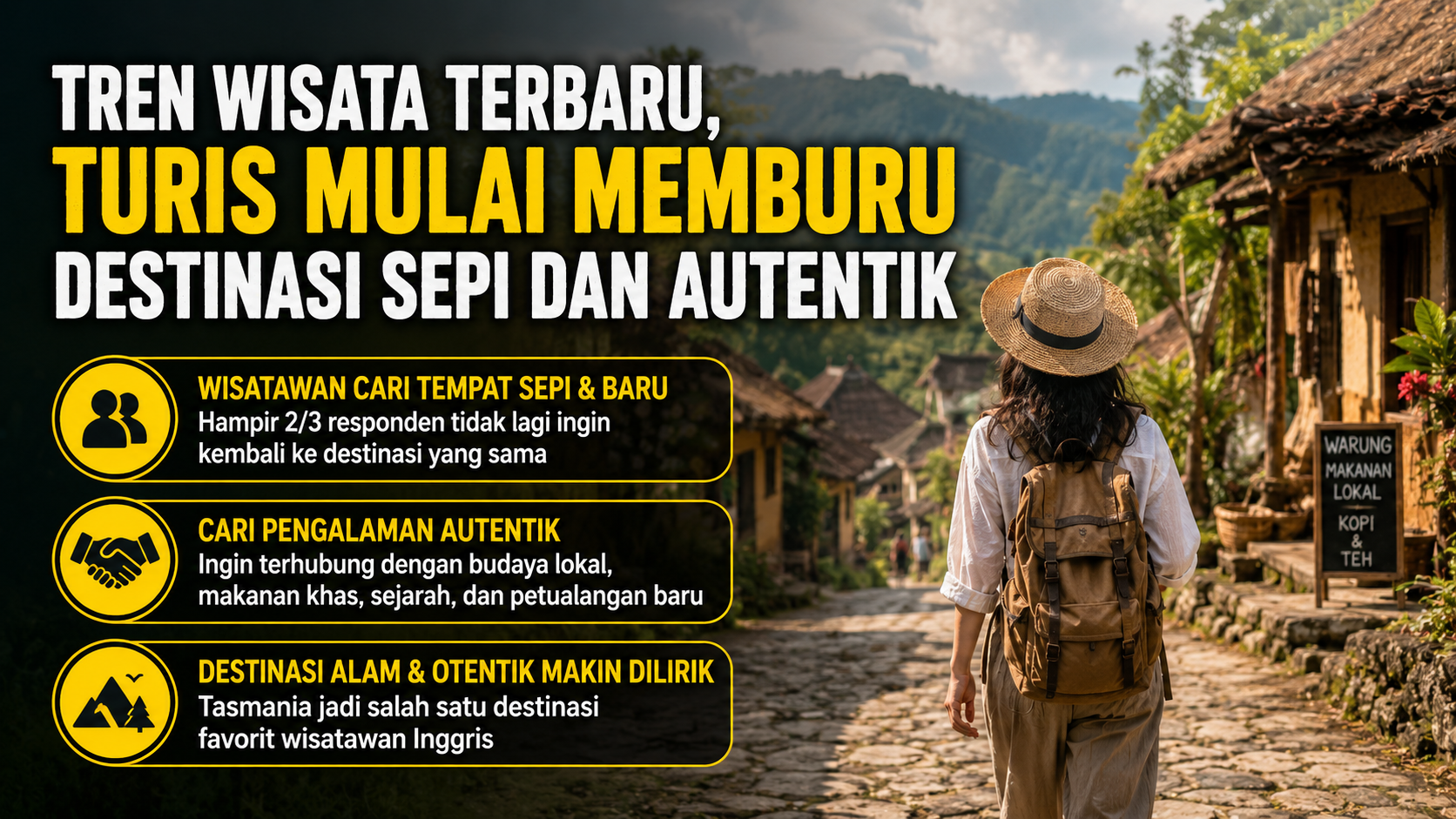Tren wisata berubah. Wisatawan mulai meninggalkan destinasi ramai dan memilih tempat yang lebih tenang, autentik, serta menawarkan pengalaman lokal.