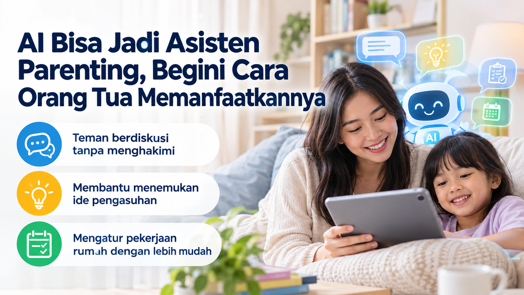 AI bisa membantu orang tua menjalani parenting dengan lebih praktis, mulai dari mencari ide pengasuhan, mengatur rumah tangga hingga menyusun komunikasi.