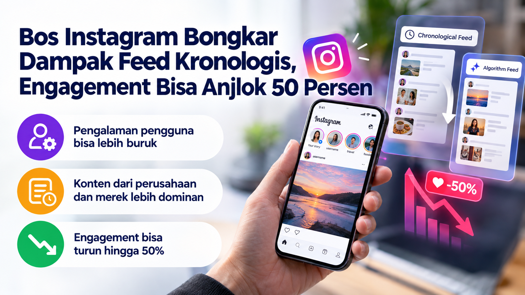 Bos Instagram Adam Mosseri menyebut feed kronologis bisa membuat pengalaman pengguna lebih buruk dan engagement turun hingga 50 persen.