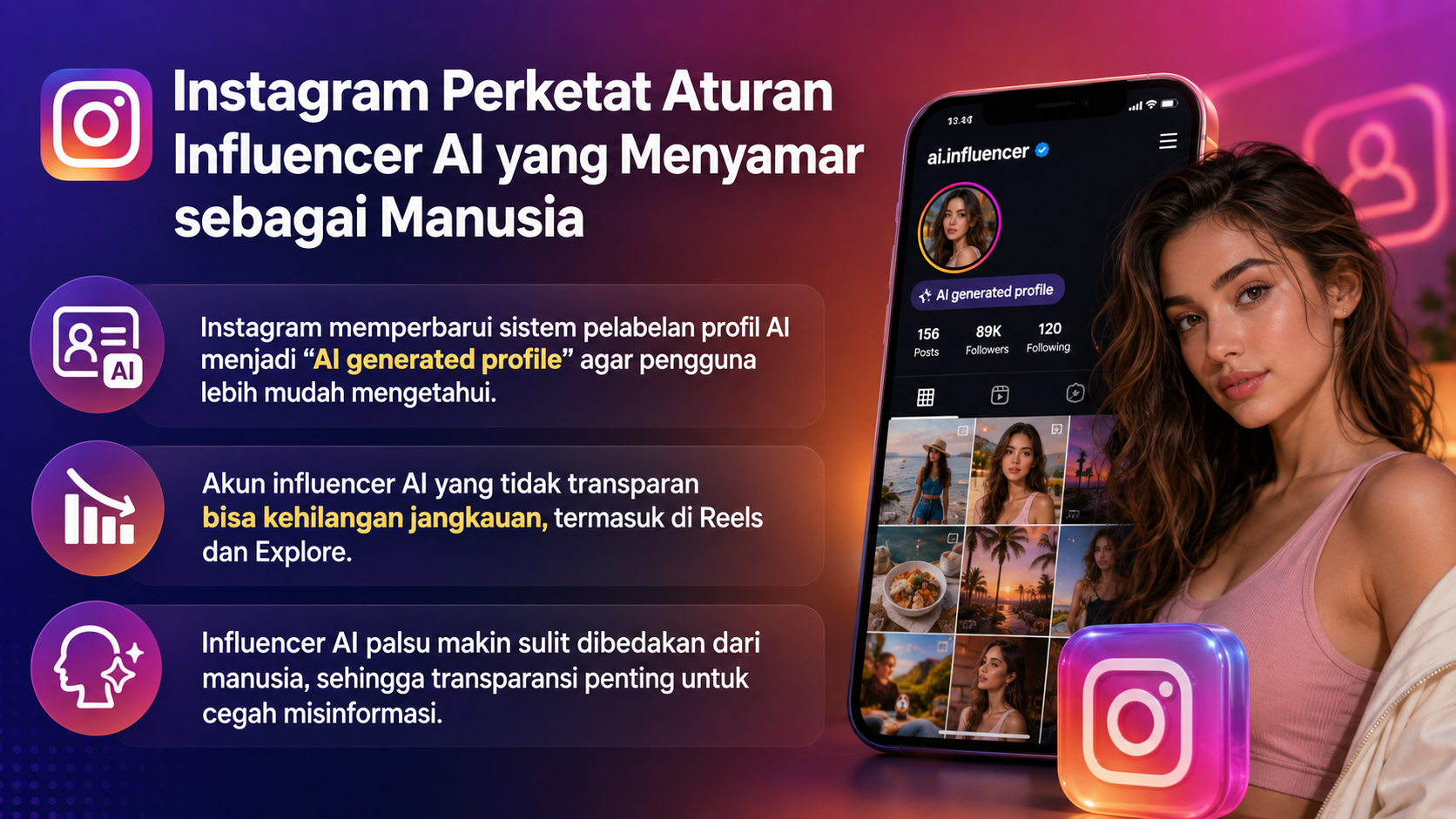 Instagram memperketat aturan influencer AI dengan label AI generated profile. Akun yang tidak mencantumkan label dapat mengalami pengurangan jangkauan.