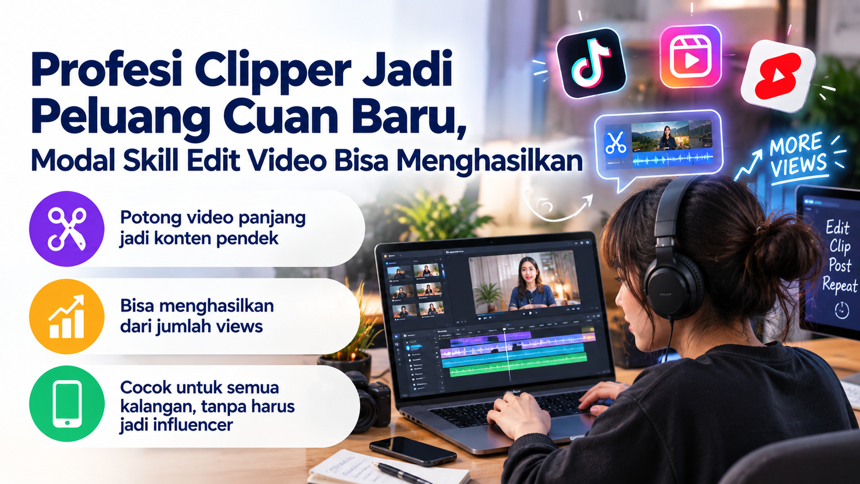 Profesi clipper makin dilirik anak muda karena bisa menghasilkan uang dari video pendek tanpa harus menjadi influencer atau punya banyak followers.