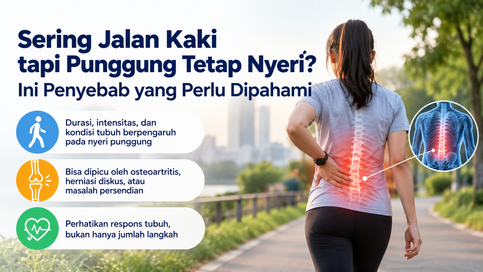 Rajin jalan kaki tetapi punggung masih terasa nyeri? Kenali penyebabnya dan pahami mengapa durasi serta intensitas olahraga perlu disesuaikan.