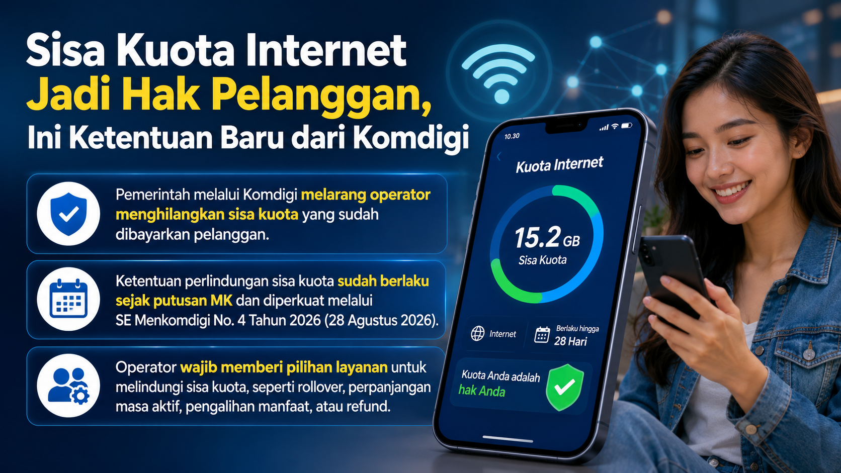 Komdigi melarang operator menghanguskan sisa kuota internet pelanggan. Aturan berlaku berdasarkan putusan MK dan mulai diterapkan pada layanan seluler.
