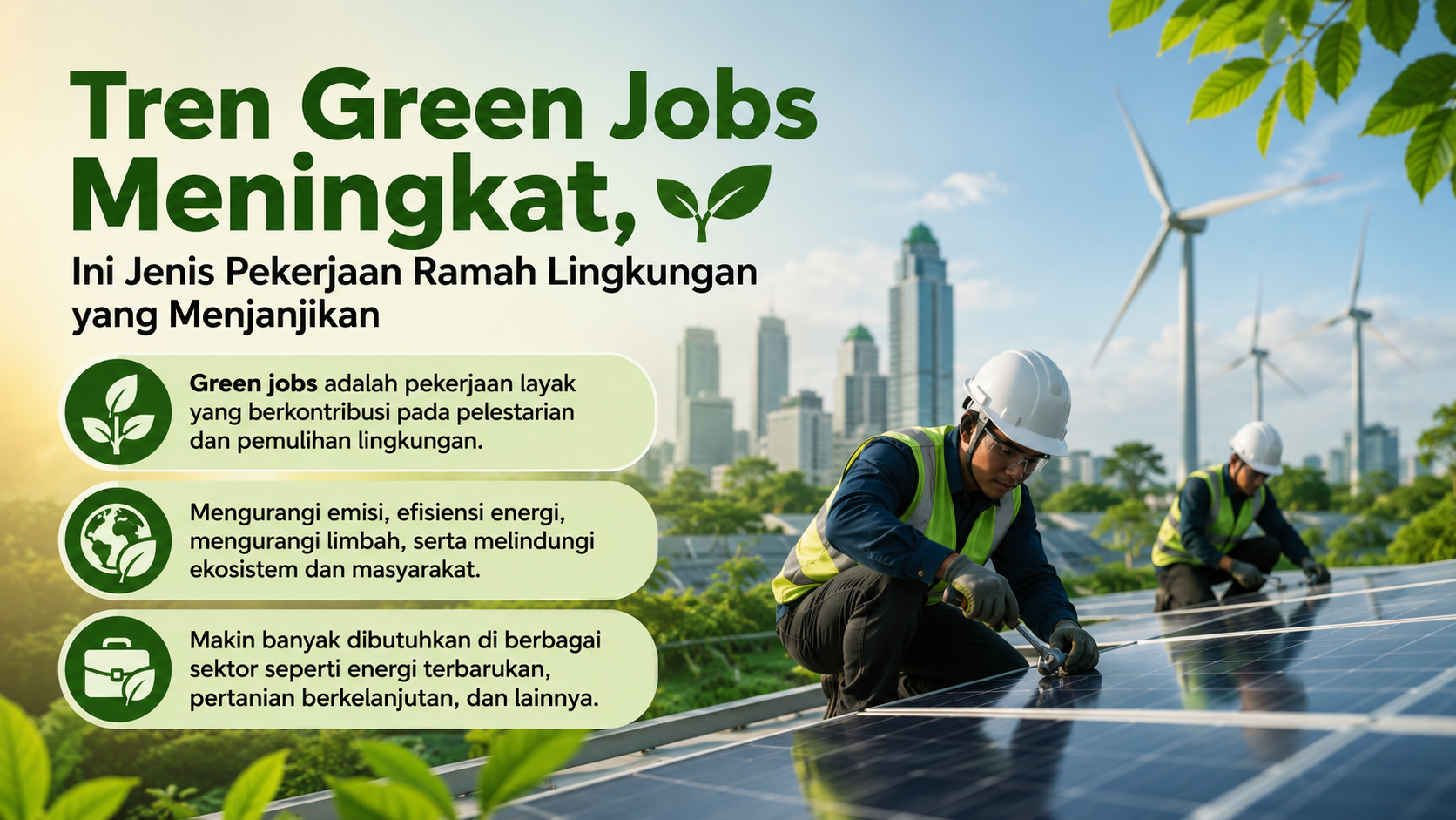 Green jobs menjadi bagian dari tren pekerjaan masa depan. Kenali pengertian, manfaat, dan berbagai profesi ramah lingkungan yang punya prospek besar.